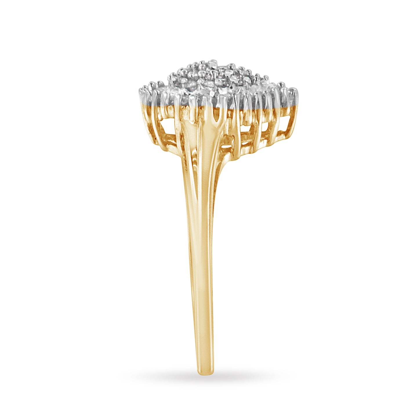 10K Yellow Gold 1/2 Cttw Round & Baguette Cut Diamond Pear Shaped Domed Pavé Cluster with Halo Cocktail Ring (J-K Color, I1-I2 Clarity) - Size 4-1/4
