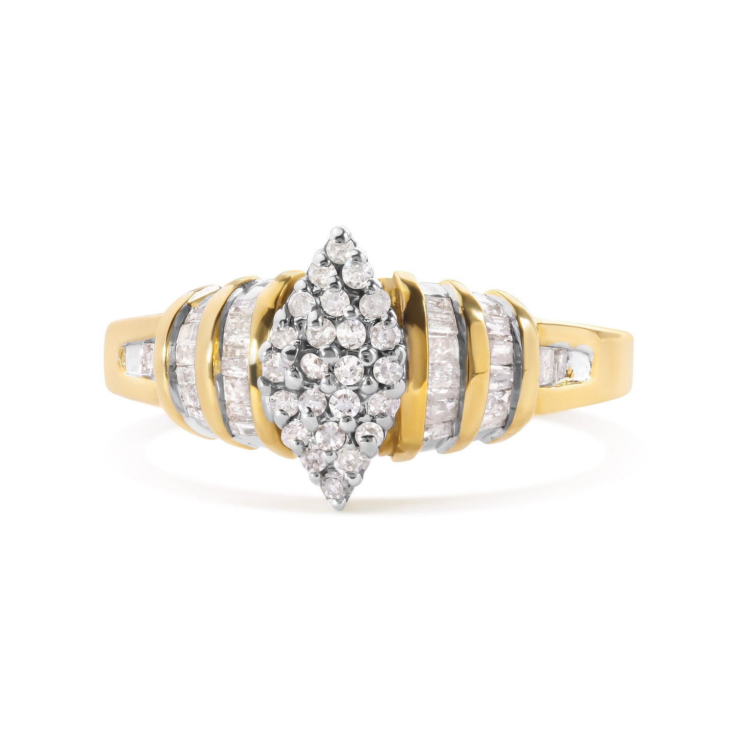 10K Yellow Gold 1/2 Cttw Diamond Pear Shaped Head and Multi Row Channel Set Shank Ring (H-I Color, SI2-I1 Clarity) - Ring Size 7