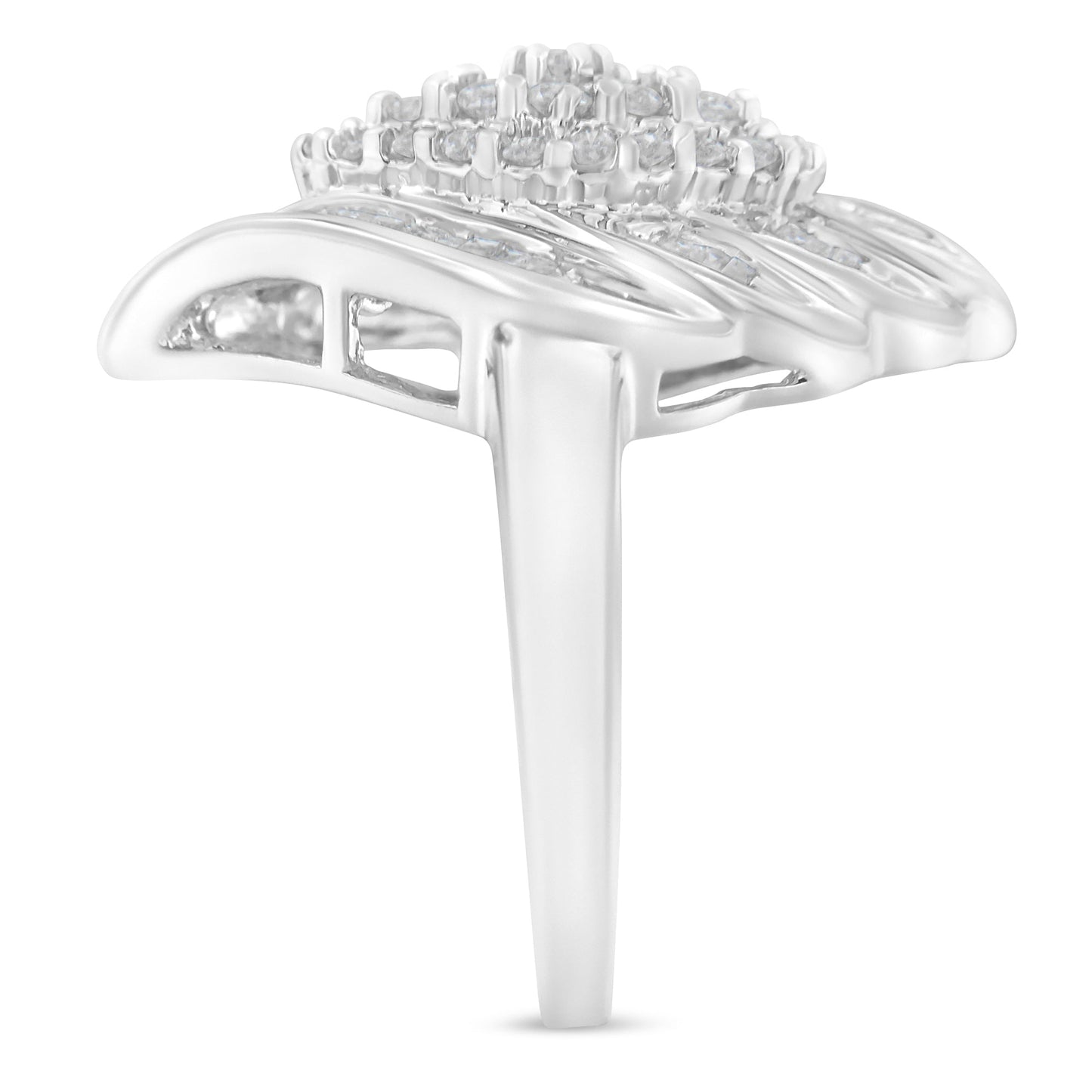 .925 Sterling Silver ¾ Cttw Round and Baguette Cut Diamond Stair-Stepped Cluster Waterfall Cocktail Ring (I-J Color, I2-I3 Clarity) - Size 6
