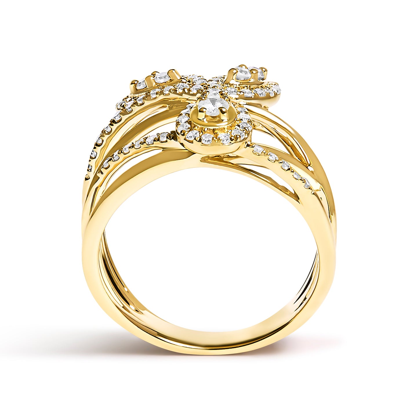 10K Yellow Gold 1/2 Cttw Diamond Crossover 3 Leaf Floral Cocktail Ring Band (H-I Color, SI1-SI2 Clarity) - Size 7