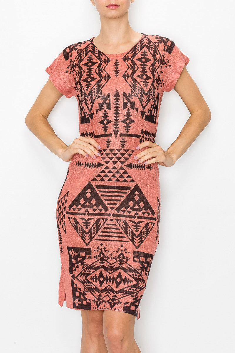 Short Sleeve Aztec Print Dress - Coral Laguna Clothing Company Short Sleeve Aztec Print Dress - Coral Laguna Clothing Company