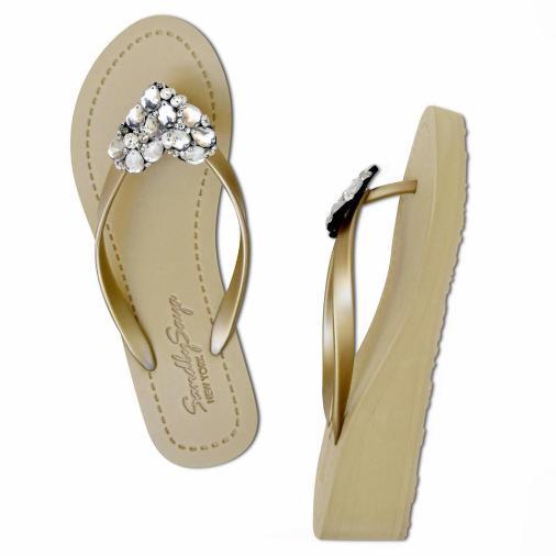 Crystal Heart - Rhinestone Mid Wedge Flip Flops