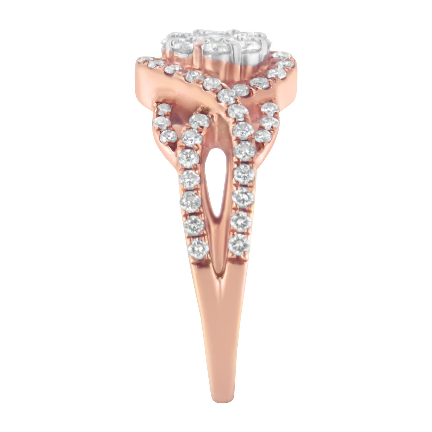10K Rose Gold 3/4 Cttw Diamond Floral Cluster Head and Twisted Shank Cocktail Ring (H-I Color, SI1-SI2 Clarity)- Size 7