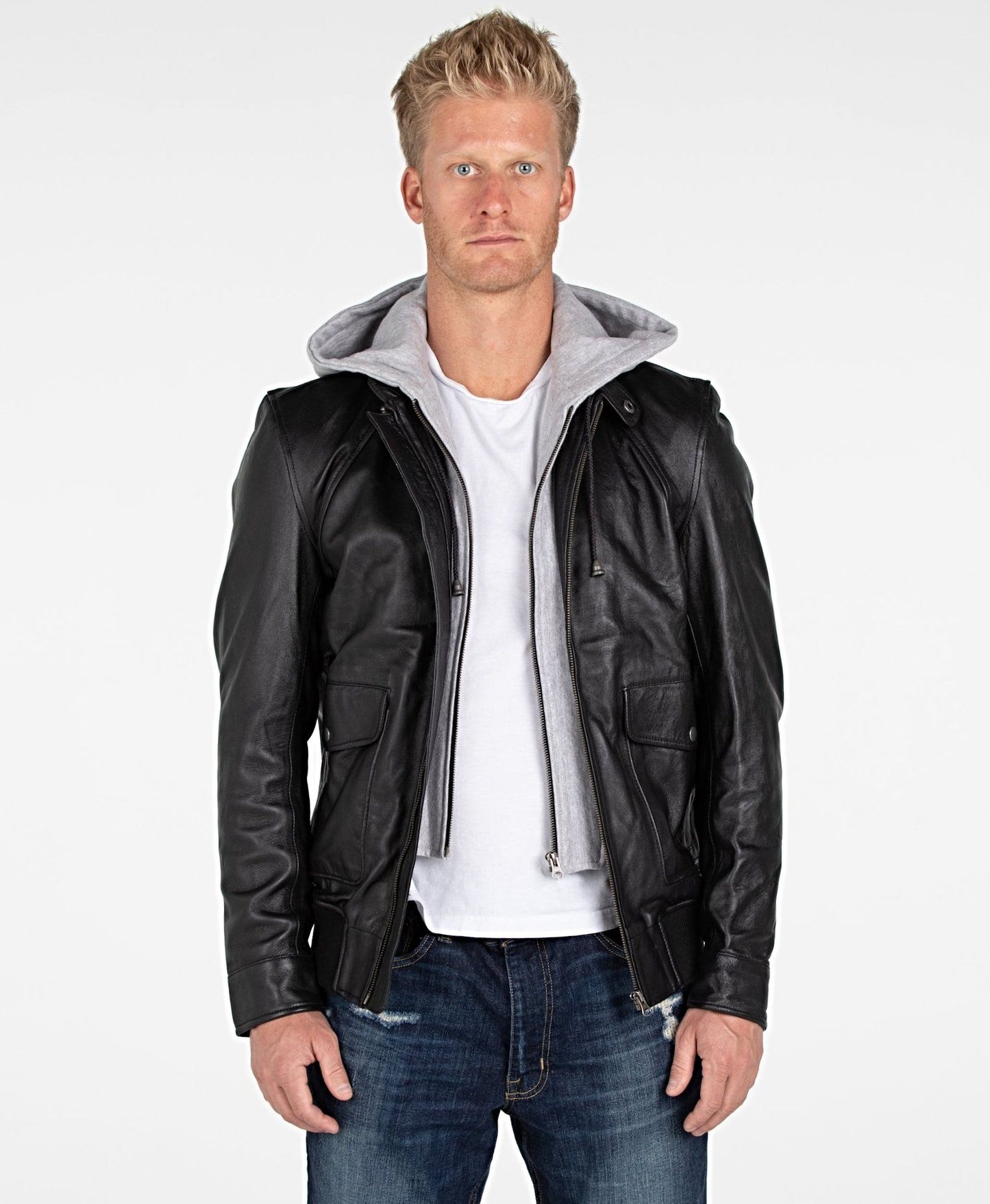 Chaqueta bomber de piel de cordero con capucha para hombre