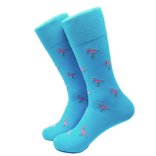 Calcetines Flamingo - Media pantorrilla para hombre - Rosa sobre azul agua