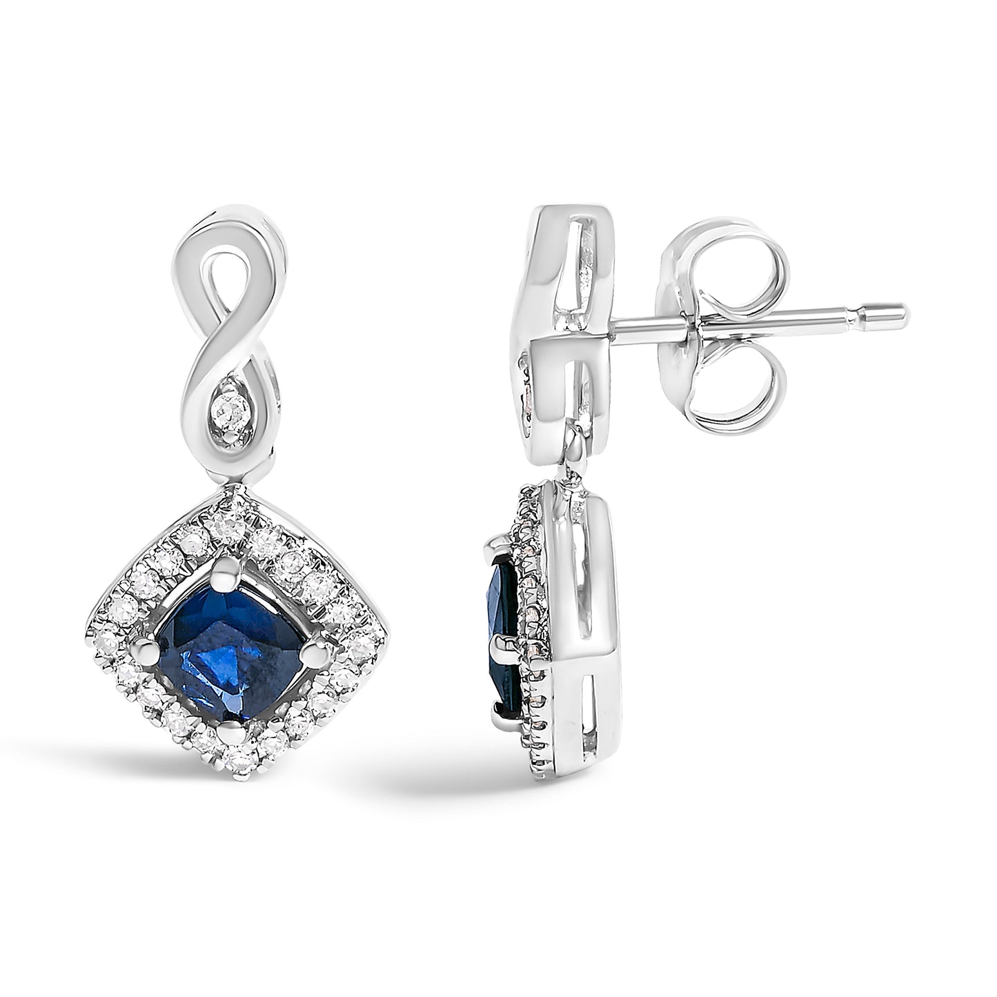 10K White Gold Blue Sapphire and Diamond Halo Cushion Shaped Drop Earrings (I-J Color, I1-I2 Clarity)