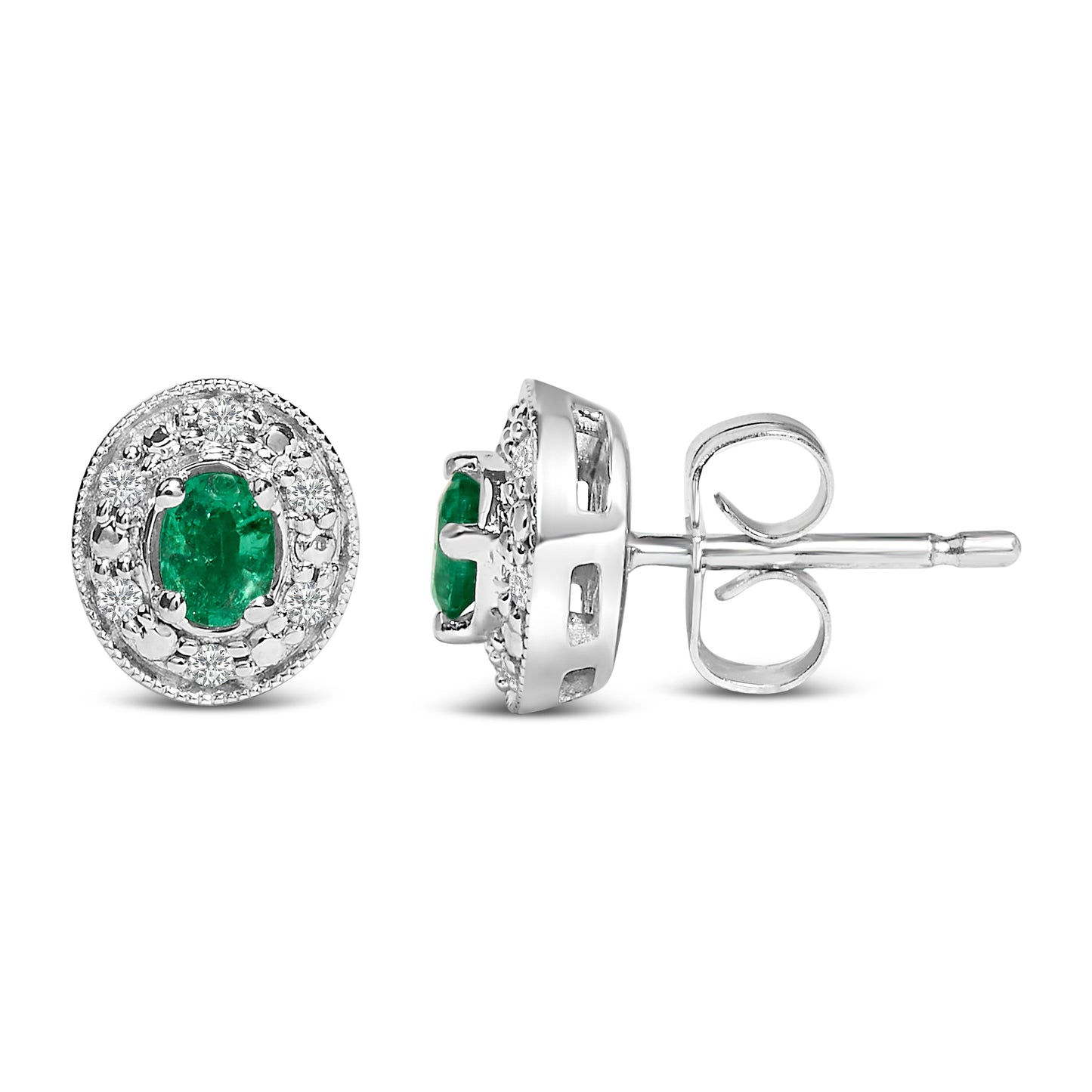 14K White Gold Oval Green Emerald and 1/10 Cttw Diamond Halo Stud Earrings (I-J Color, I1-I2 Clarity)
