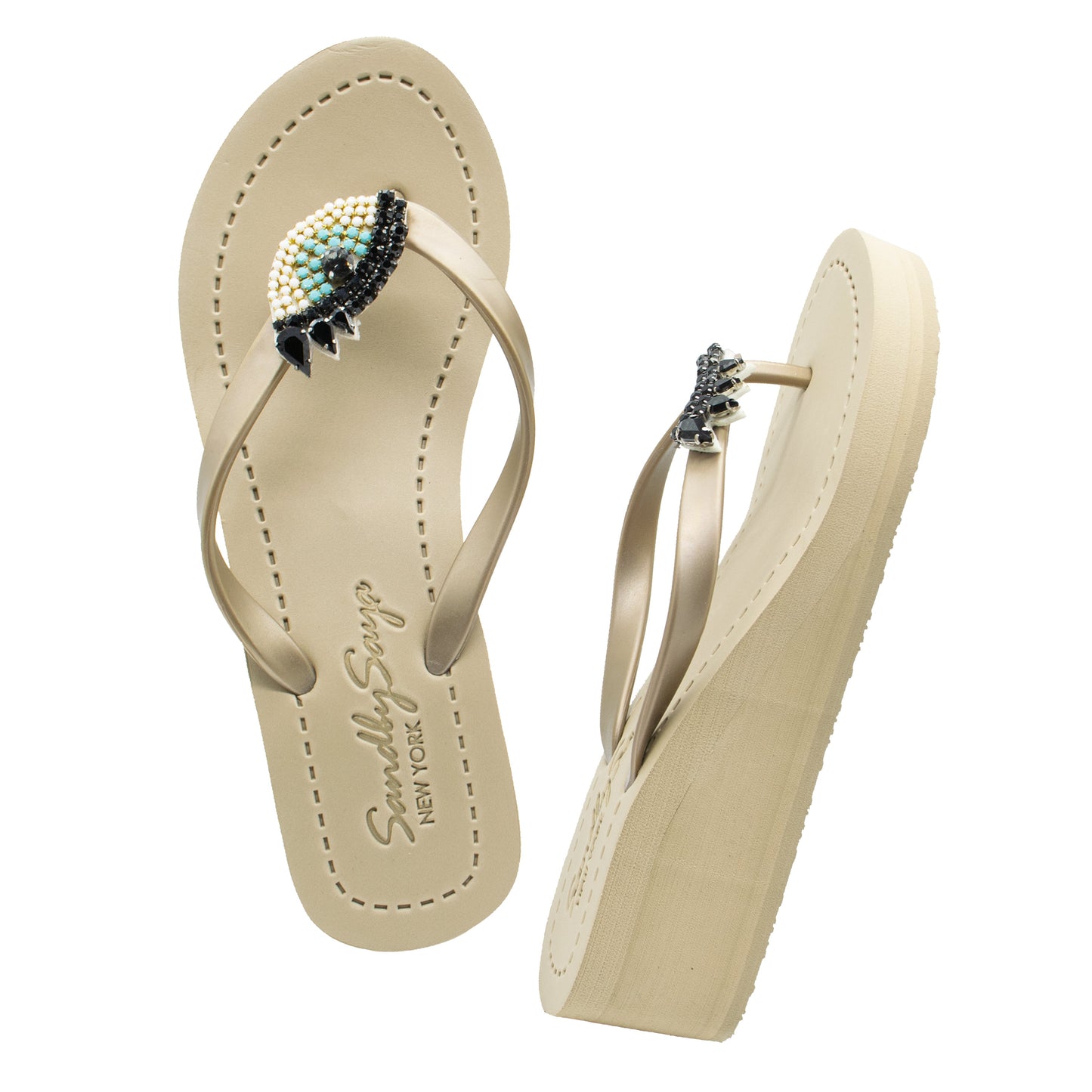 Eyes - Rhinestone Mid Wedge Flip Flops