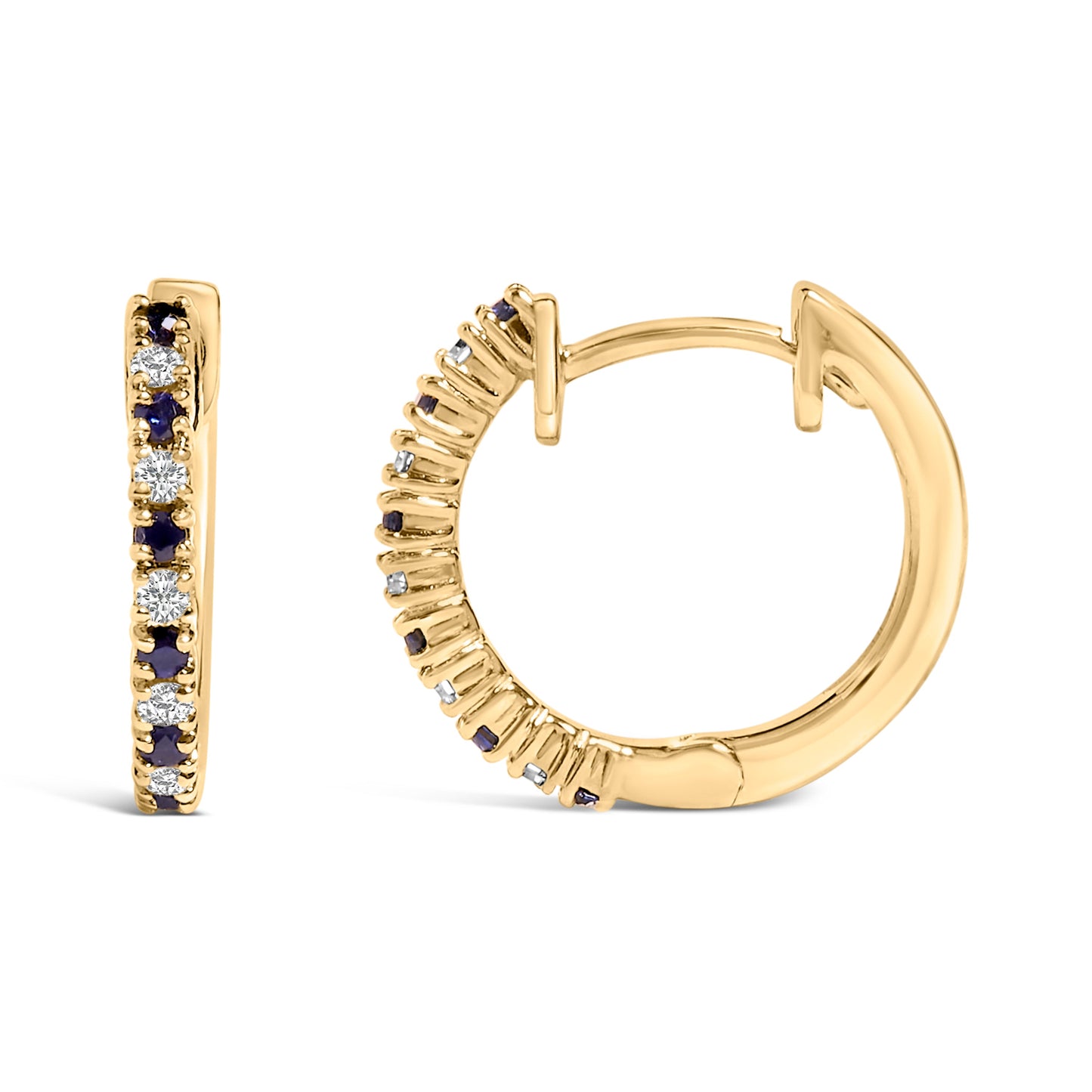 10K Yellow Gold Alternating Blue Sapphire 1/10 Cttw Diamond Huggy Hoop Earrings (I-J Color, I1-I2 Clarity)