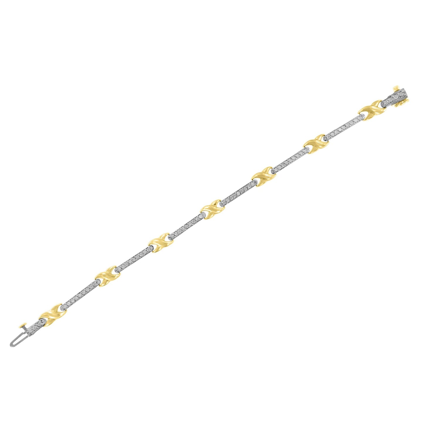 10K Yellow Gold 1.00 Cttw Pave Set Diamond Bar and X-Link 7" Bracelet (I-J Color, I3 Quality)