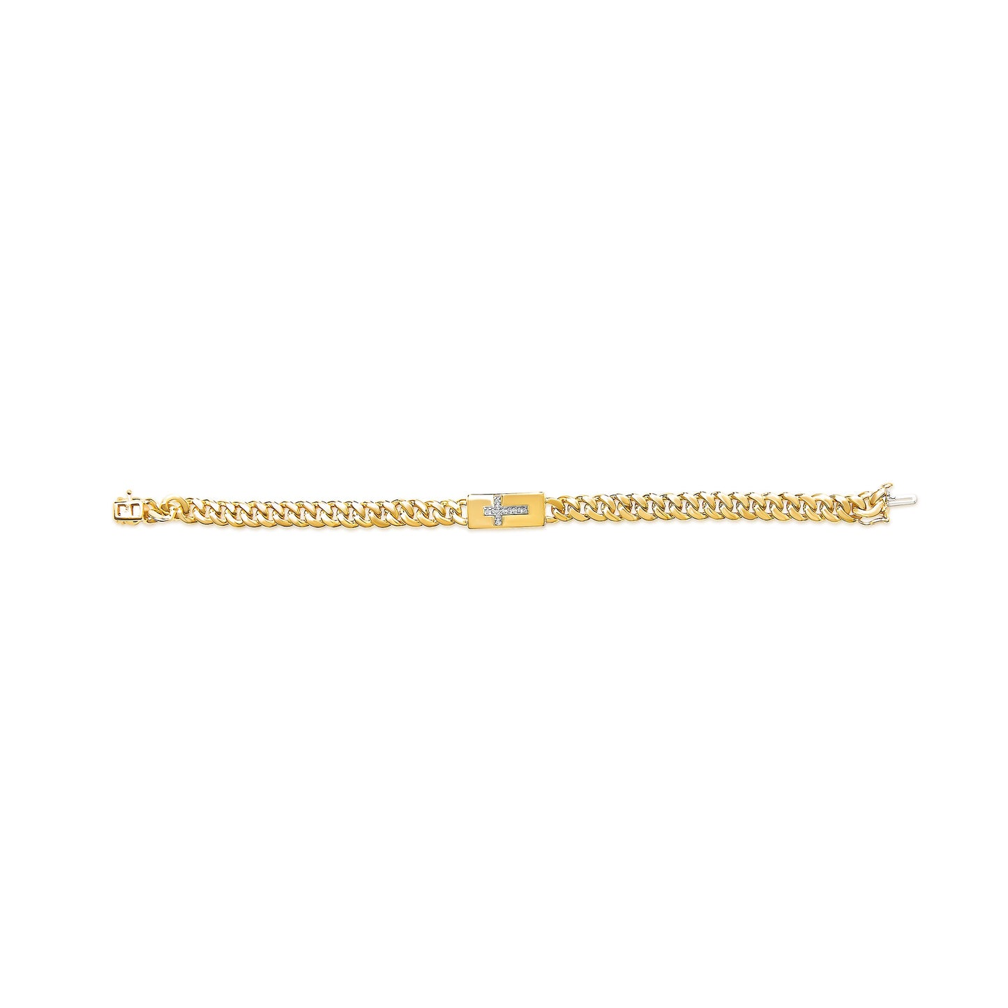 14K Yellow Gold Plated .925 Sterling Silver Diamond Accent Inlaid Cross Cuban Link Bracelet (I-J Color, I3 Clarity)- 7.25"