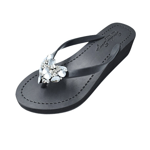 Crystal Heart - Rhinestone Mid Wedge Flip Flops