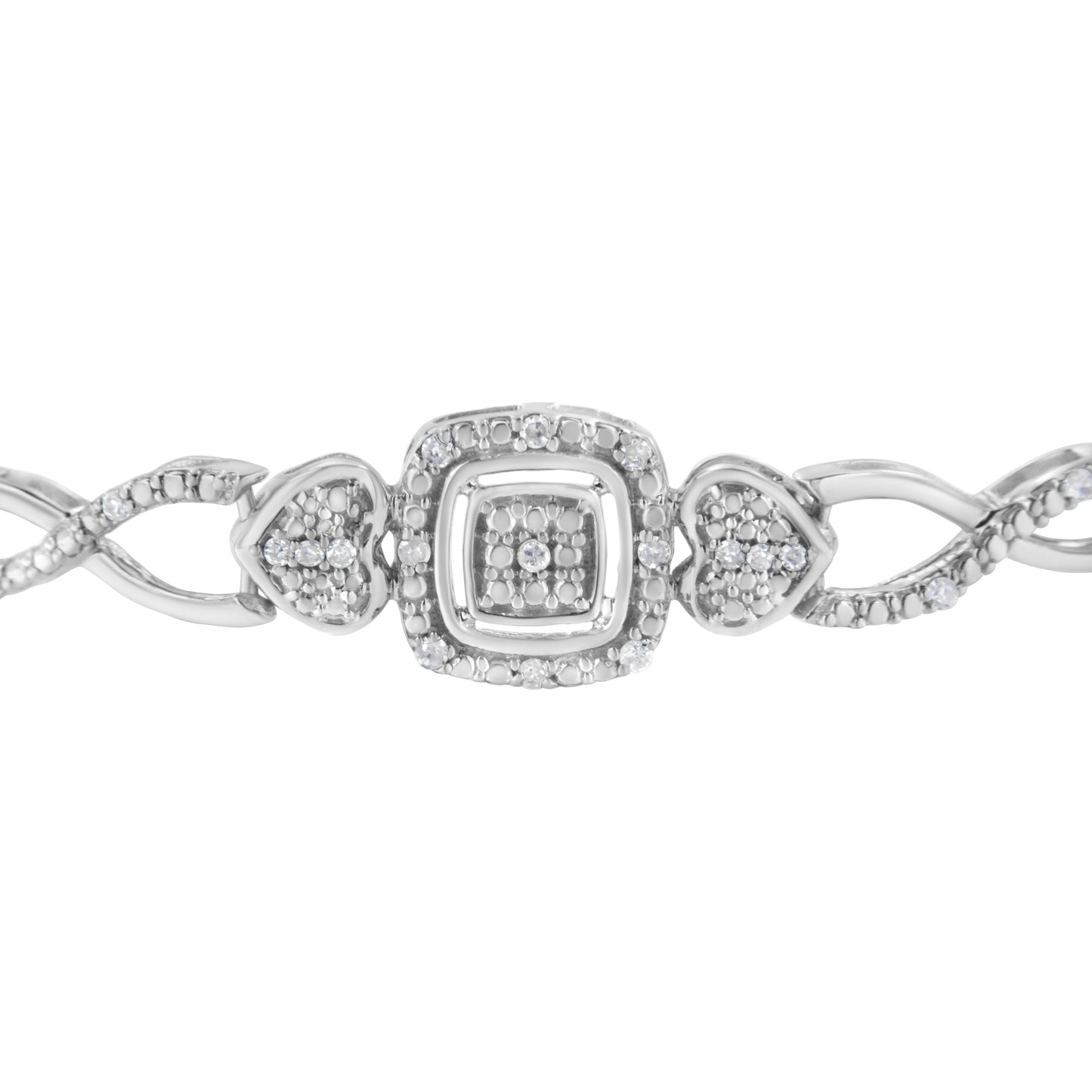 .925 Sterling Silver Diamond Cushion Frame Heart-Sides Twist 4â€-10†Adjustable Bolo Tennis Bolo Bracelet (I-J Color, I3 Clarity)