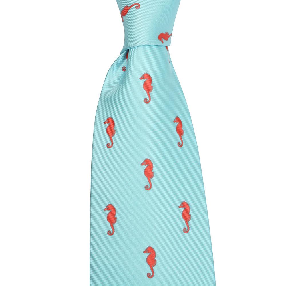 Corbata de caballito de mar - Azul, seda estampada