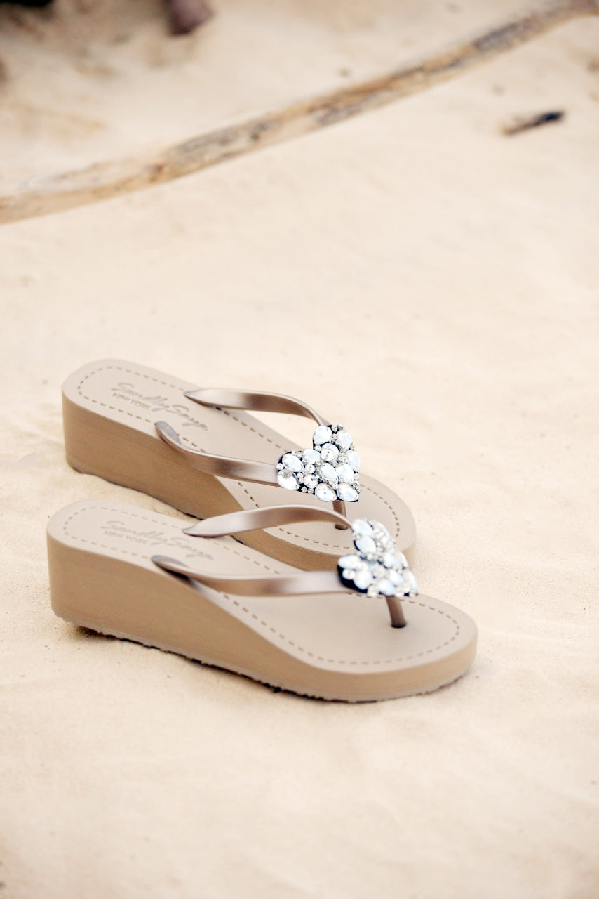 Crystal Heart - Rhinestone Mid Wedge Flip Flops