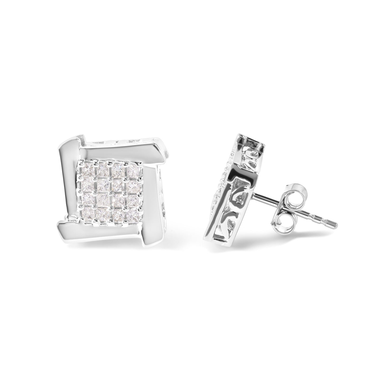10K White Gold 1/2 Cttw Composite Princess Diamond Square and Swirl Stud Earrings (I-J Color, I1-I2 Clarity)