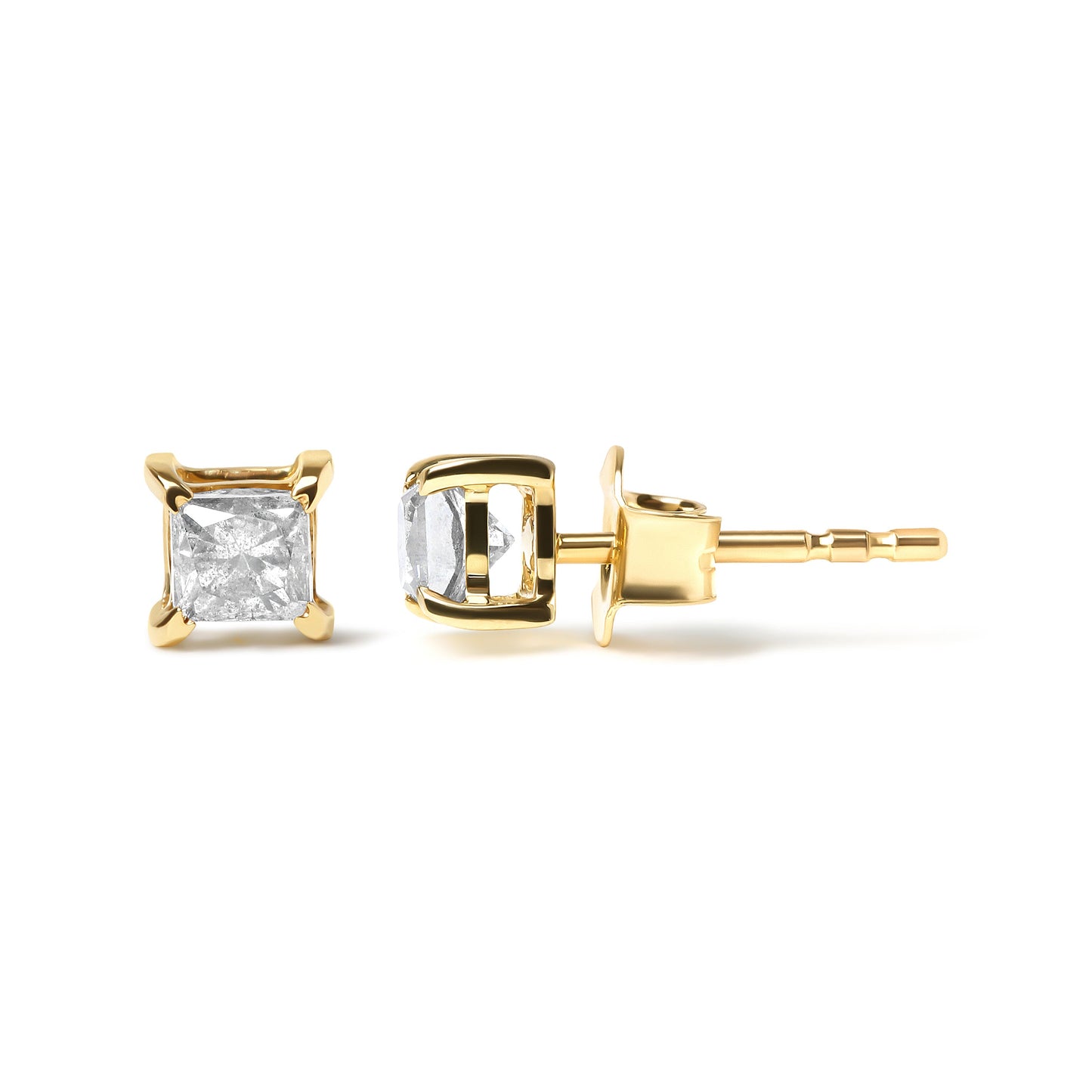 10K Yellow Plated .925 Sterling Silver 5/8 Cttw Princess Cut Diamond Push-Back 4-Prong Classic Stud (J-K Color, I2-I3 Clarity)