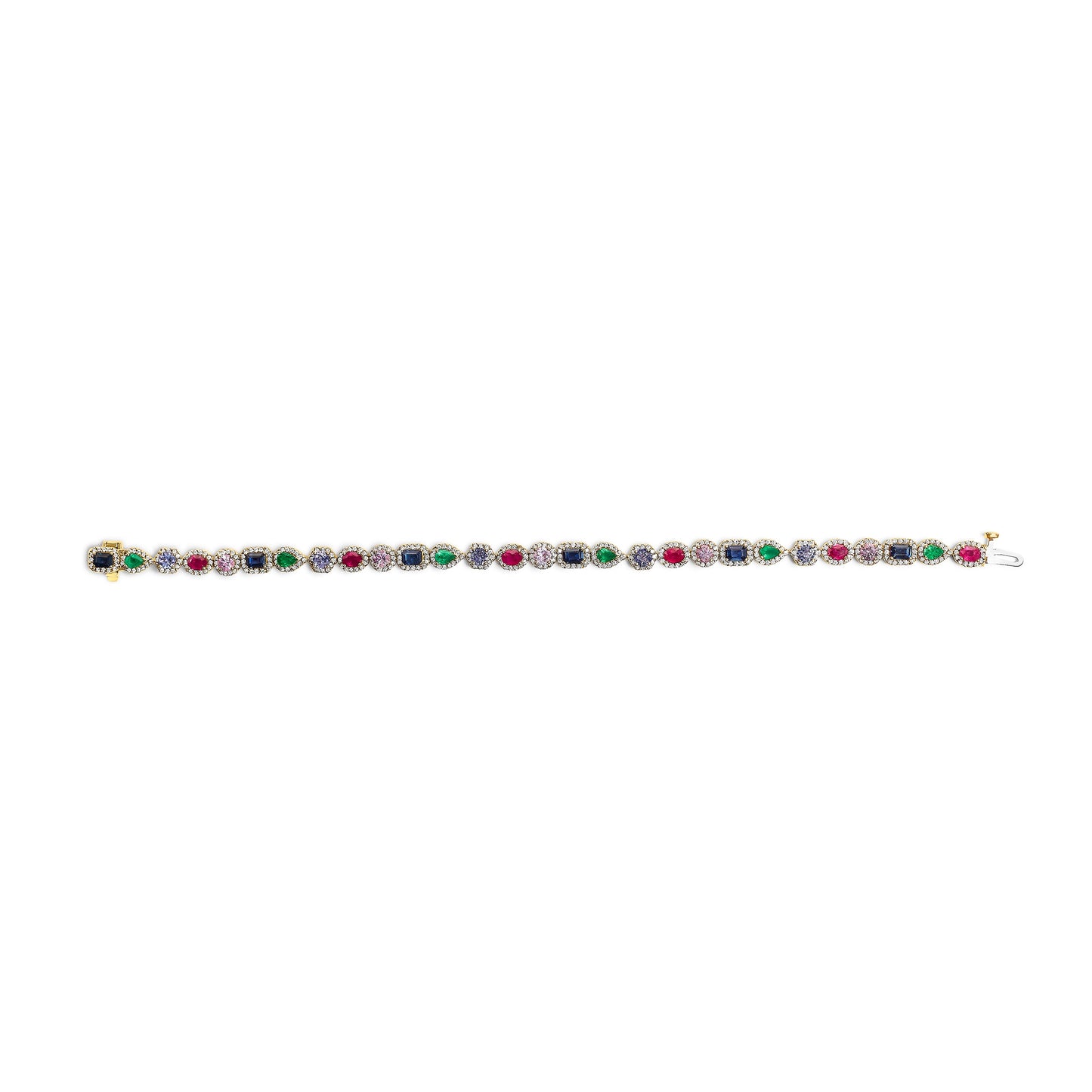 14K Yellow Gold Multi-Gemstone and Diamond Halo Rainbow Tennis Bracelet