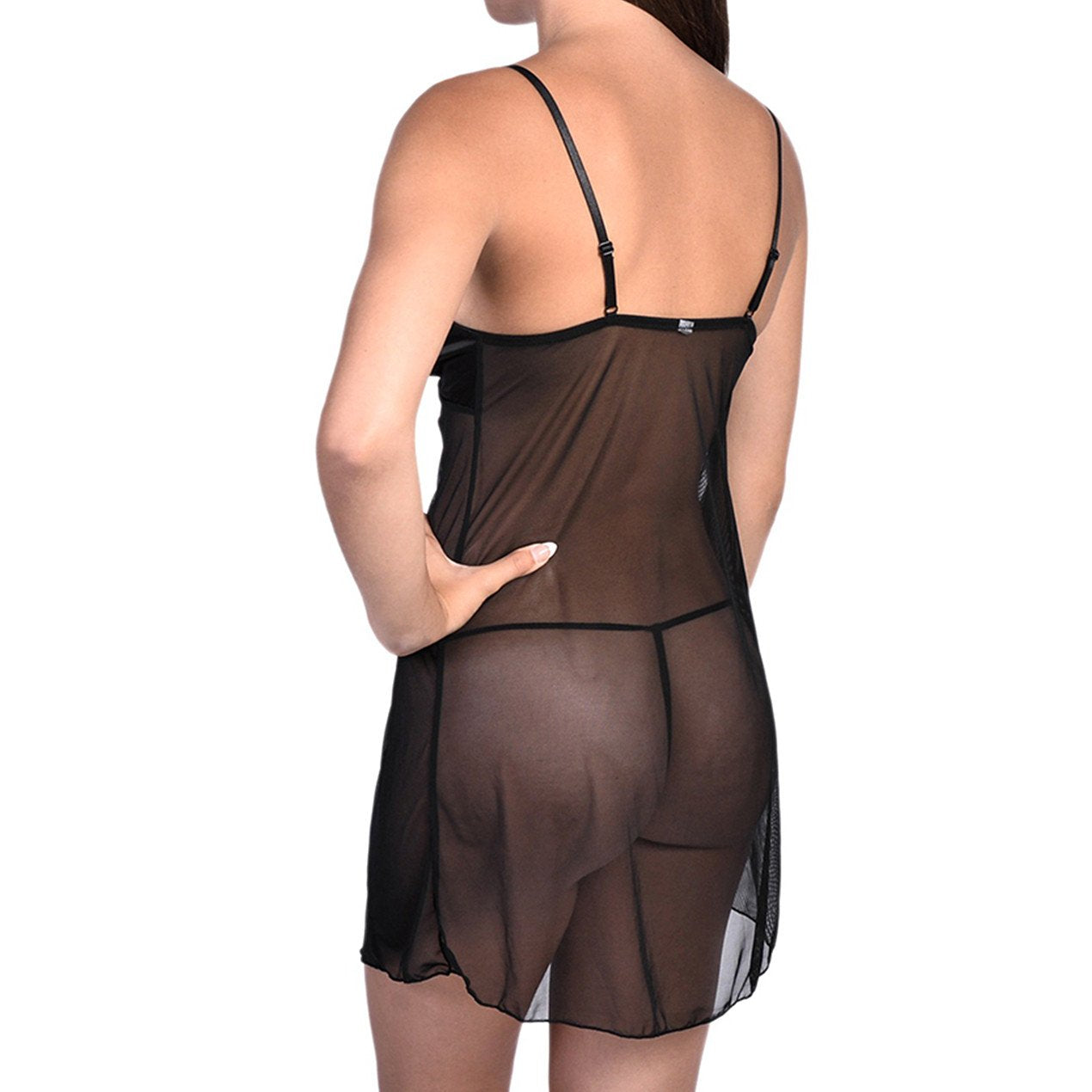 Camisola sexy de satén y malla transparente con braguita negra
