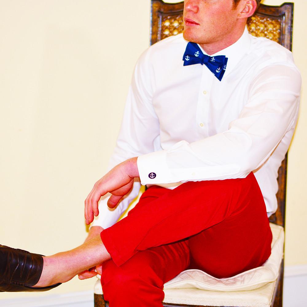 Pajarita con ancla, azul marino, seda estampada