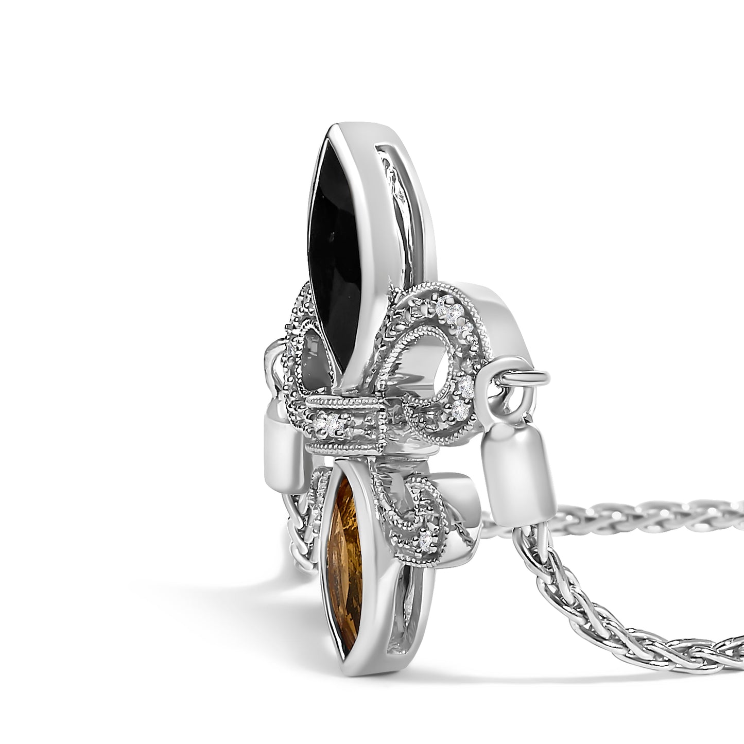 .925 Sterling Silver Marquise Black Onyx, Orange Citrine, and Diamond Accent Lariat 4â€-10†Fleur De Lis Adjustable Bolo Bracelet (I-J Color, I1-I2 Clarity) - 7"