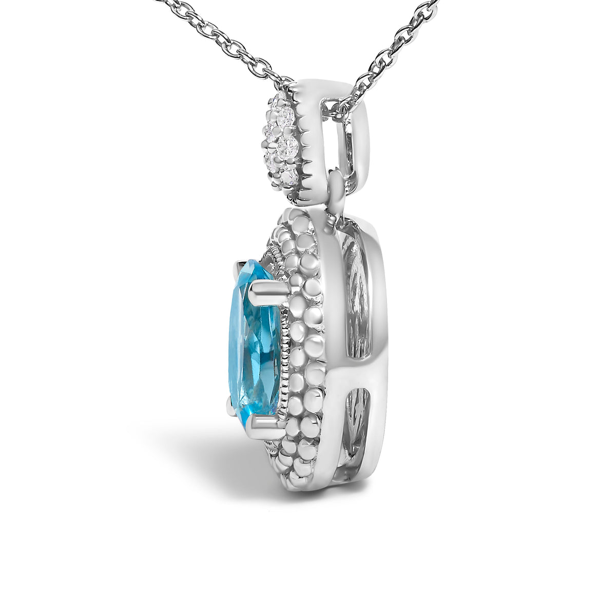 .925 Sterling Silver Oval Blue Topaz and Diamond Accent with Beaded Halo Pendant Necklace - 18" Inches