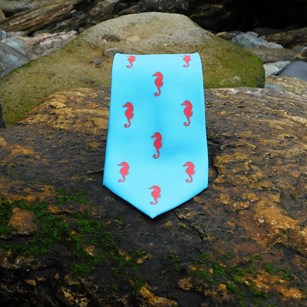 Corbata de caballito de mar - Azul, seda estampada
