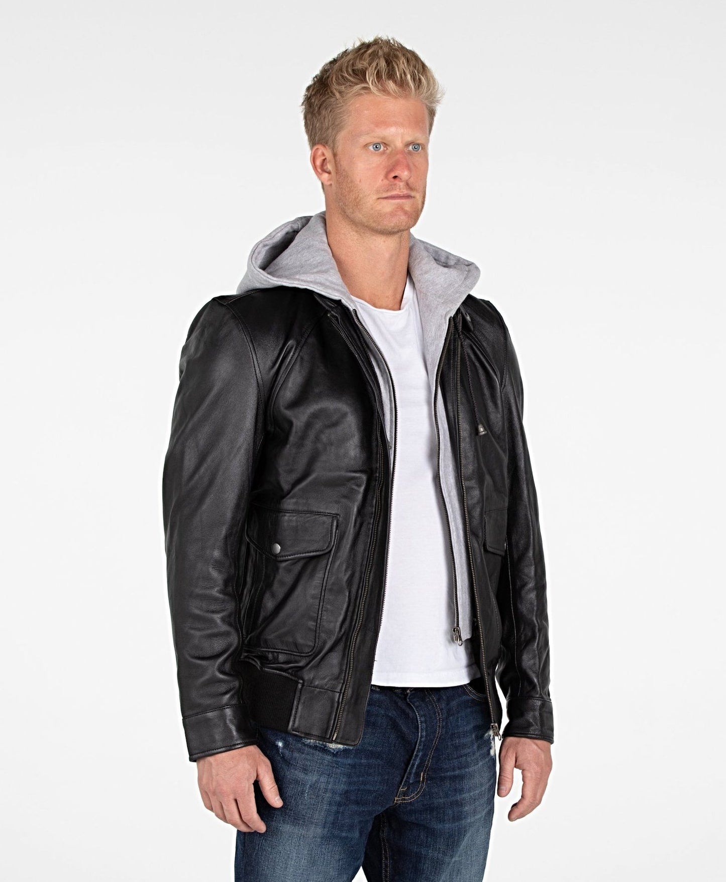 Chaqueta bomber de piel de cordero con capucha para hombre