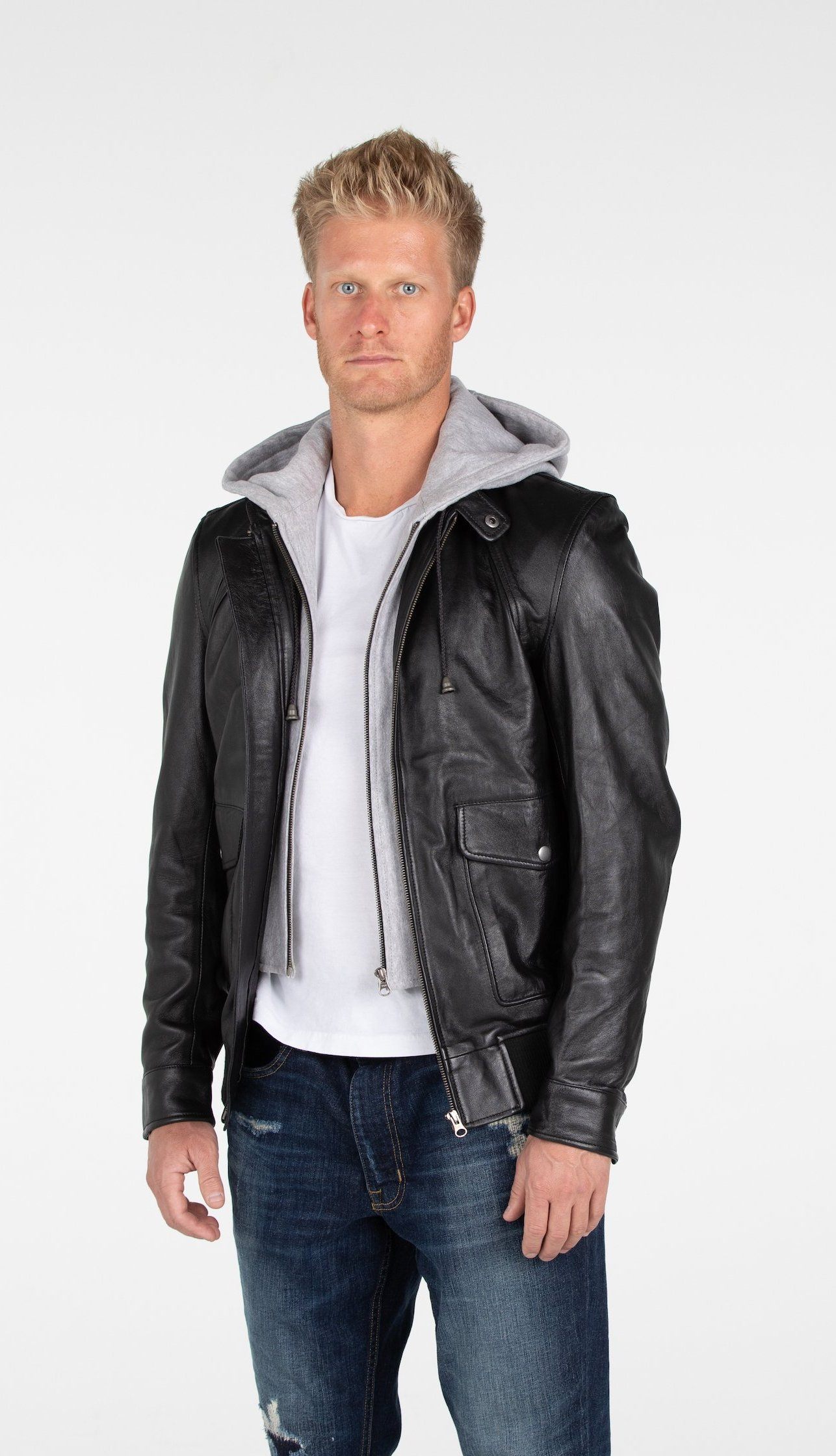 Chaqueta bomber de piel de cordero con capucha para hombre