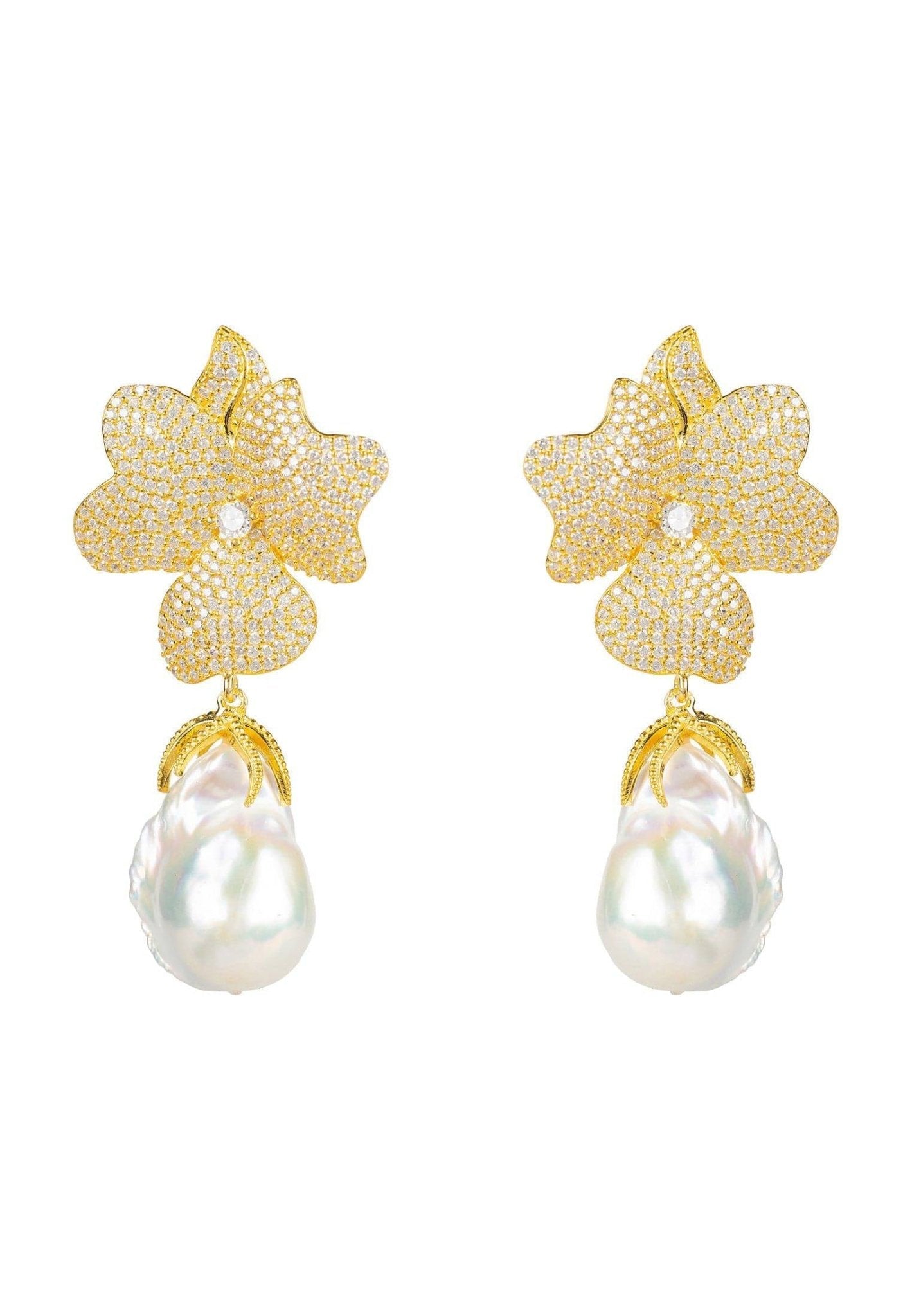 Baroque Pearl White Flower Earring Yellow Gold