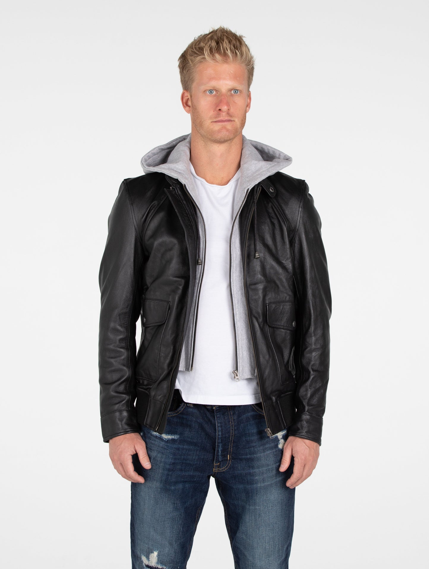 Chaqueta bomber de piel de cordero con capucha para hombre