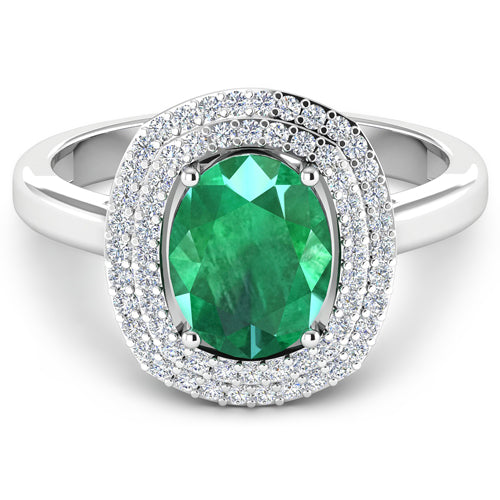 1.97 Carat Genuine Zambian Emerald and White Diamond 14K White Gold Ring