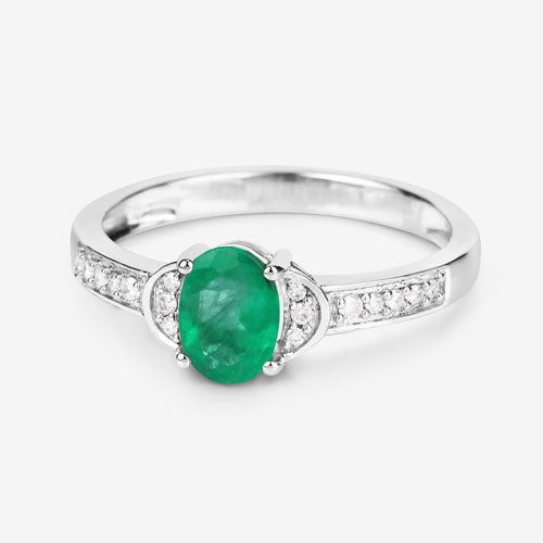 0.82 Carat Genuine Zambian Emerald and White Diamond 10K White Gold Ring