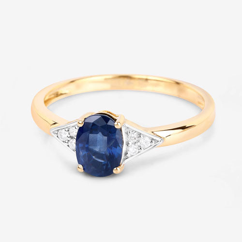 1.01 Carat Genuine Blue Sapphire and White Diamond 14K Yellow Gold Ring
