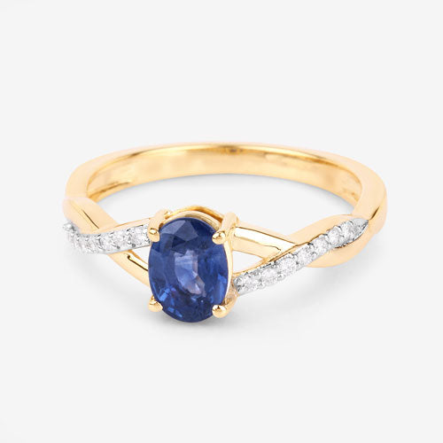 1.04 Carat Genuine Blue Sapphire and White Diamond 14K Yellow Gold Ring