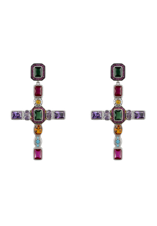 Maria Extra Large Gemstone Fashion Earrings Silver (Cross)