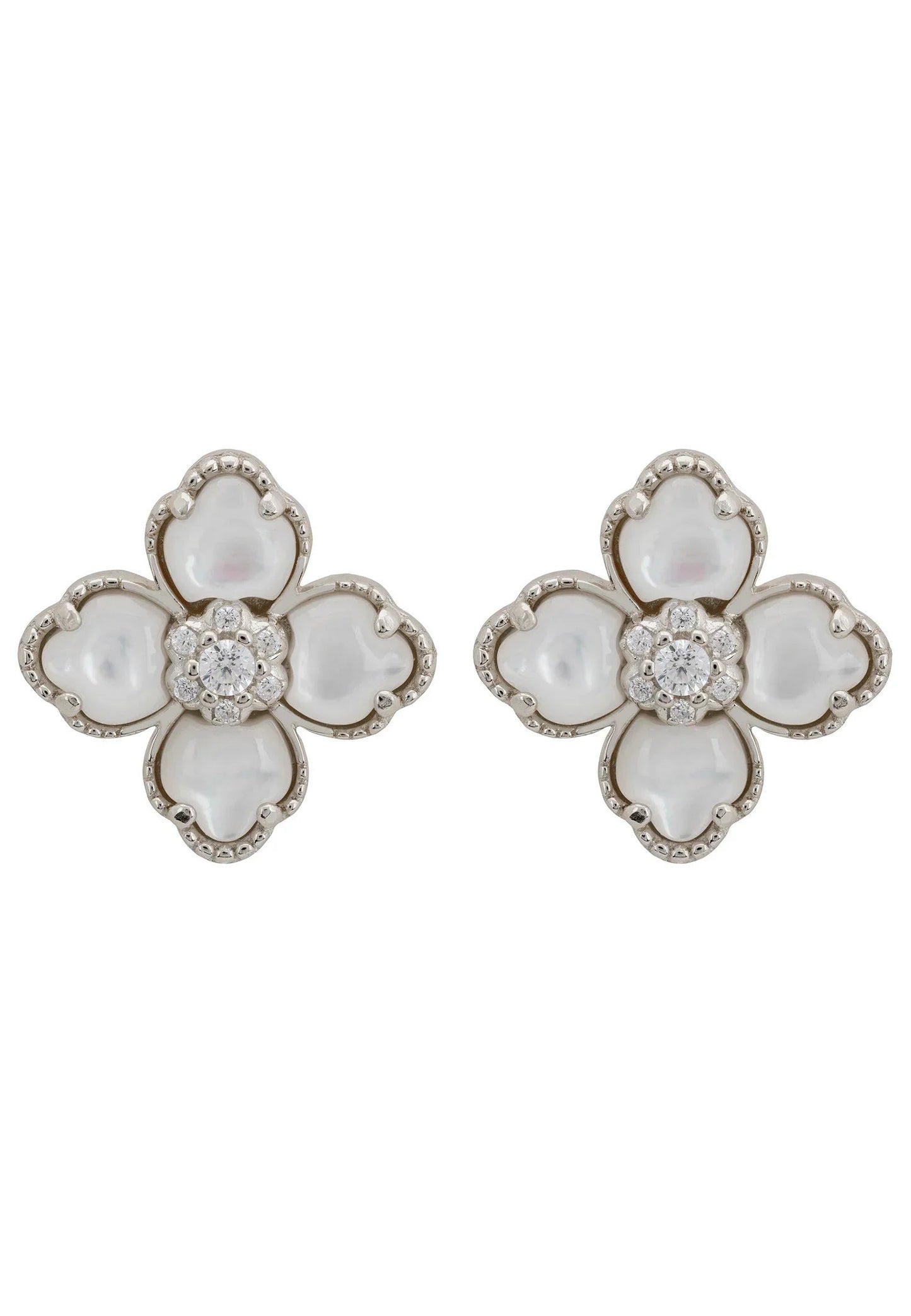 Flower Clover Mother of Pearl Stud Earrings Silver