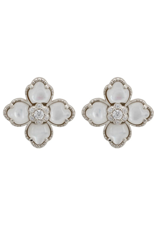Flower Clover Mother of Pearl Stud Earrings Silver