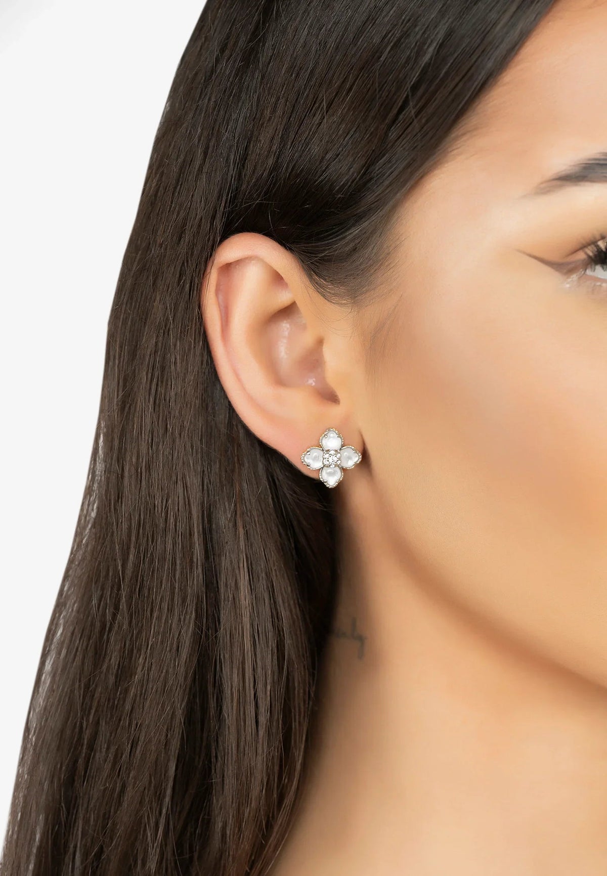 Flower Clover Mother of Pearl Stud Earrings Silver