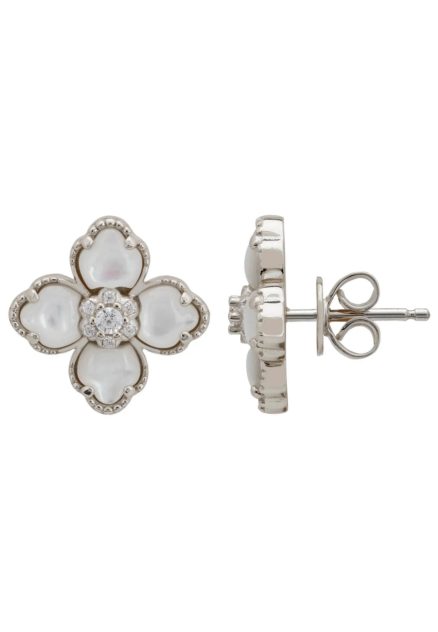 Flower Clover Mother of Pearl Stud Earrings Silver
