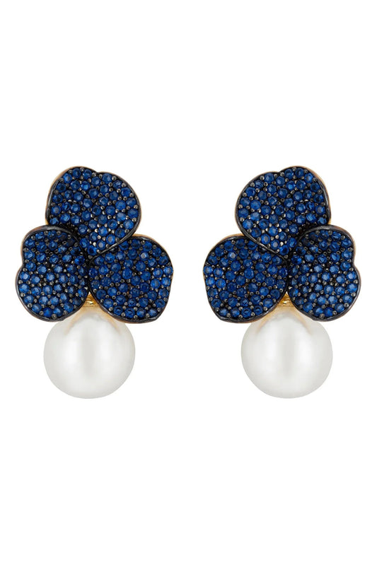 Iris Flower and Pearl Dangle Earrings Sapphire Gold
