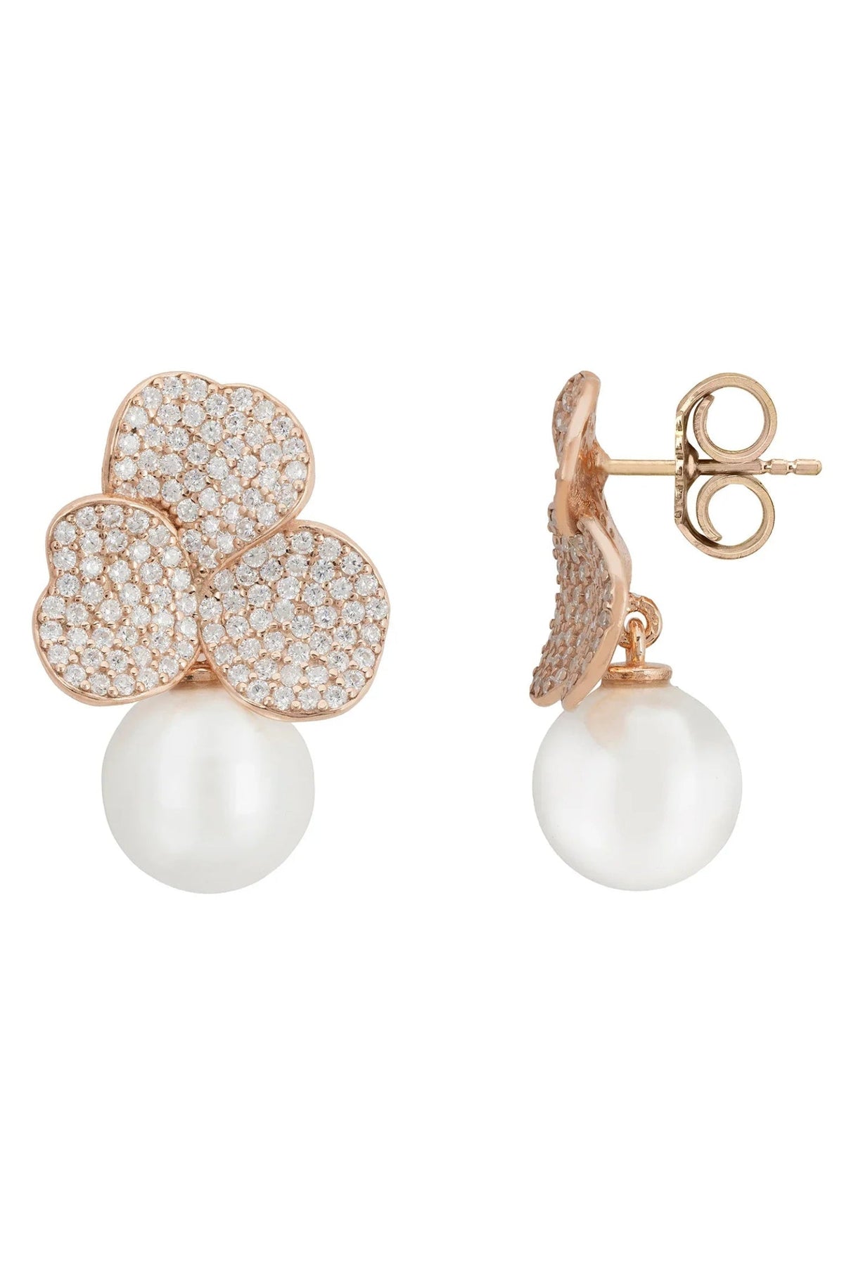 Iris Flower and Pearl Dangle Earrings Rosegold