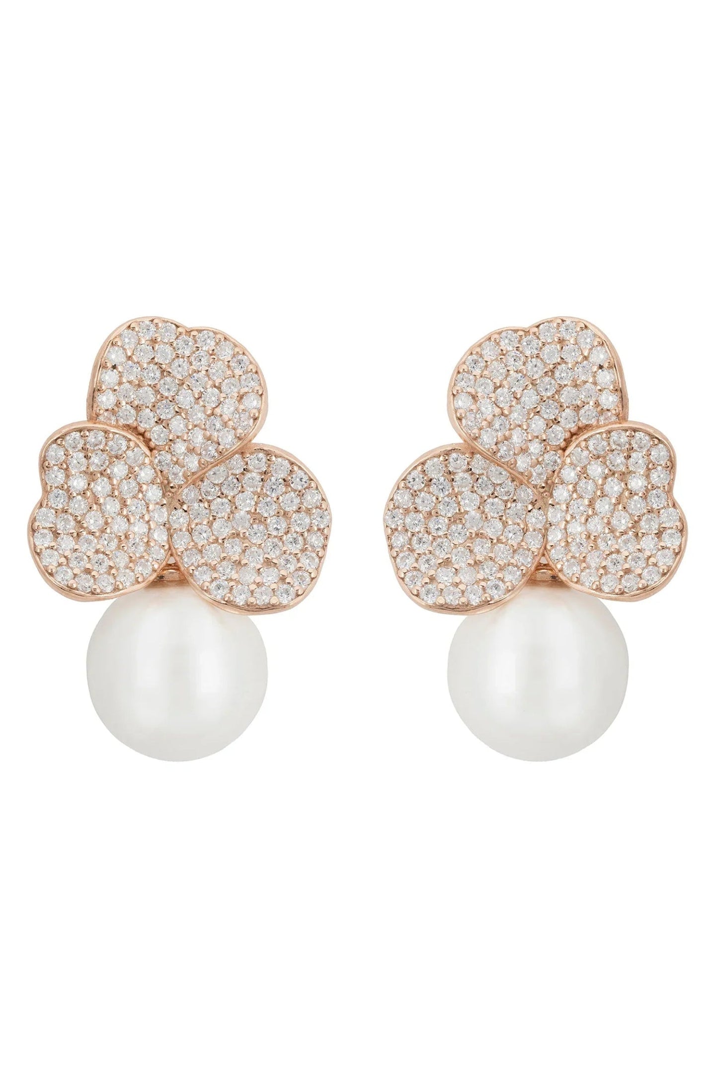 Iris Flower and Pearl Dangle Earrings Rosegold