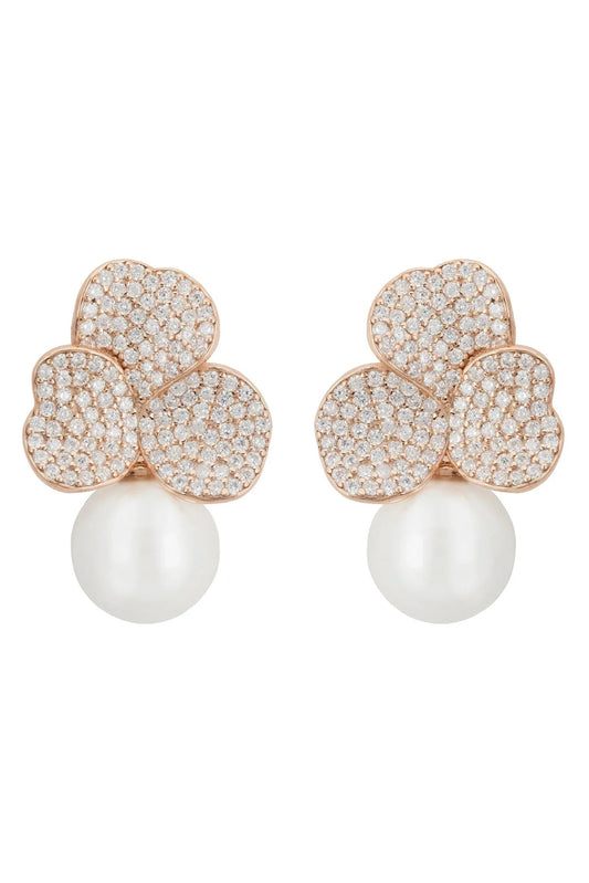 Iris Flower and Pearl Dangle Earrings Rosegold