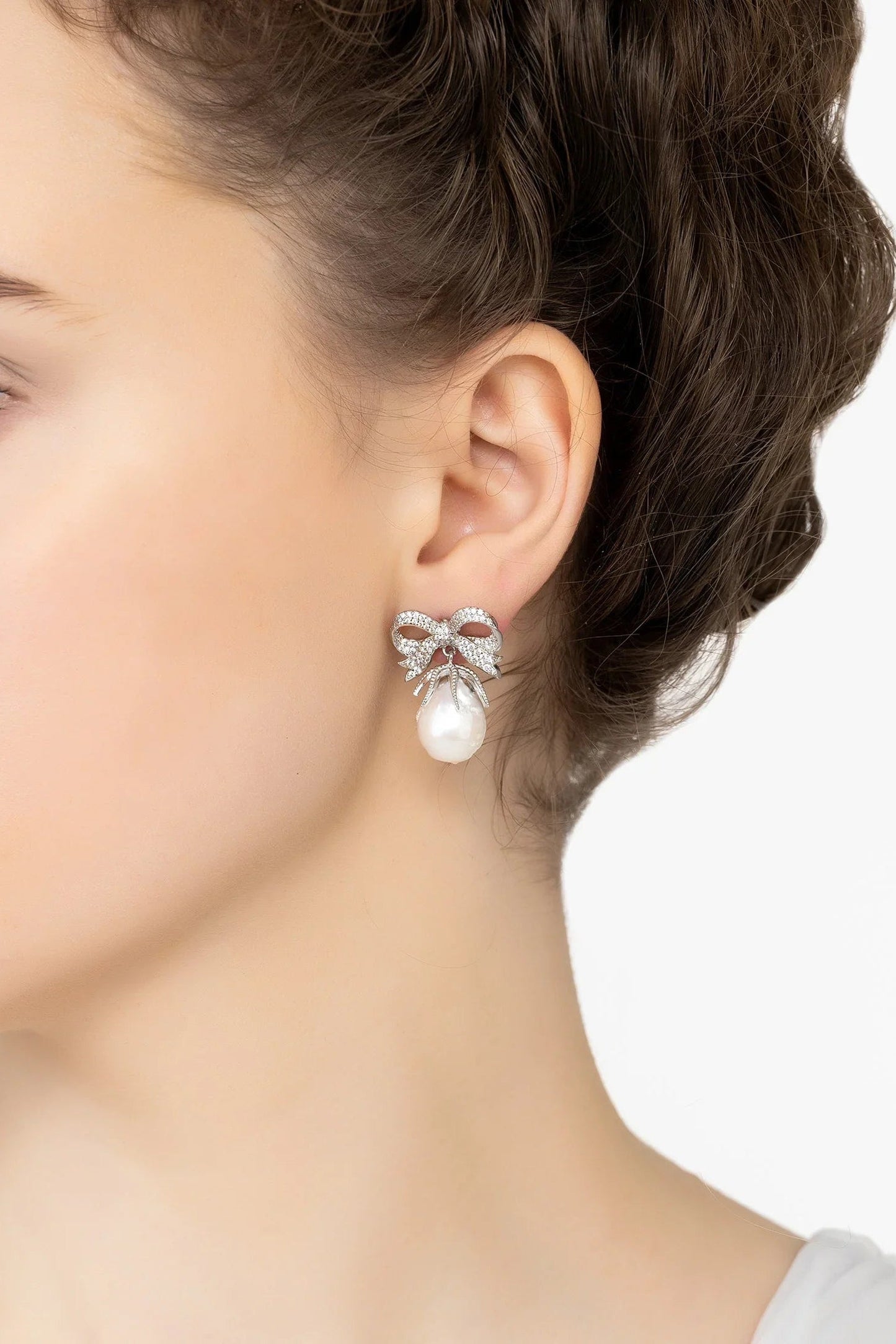 Baroque Pearl Ribbon and Bows Drop Earrings Silver