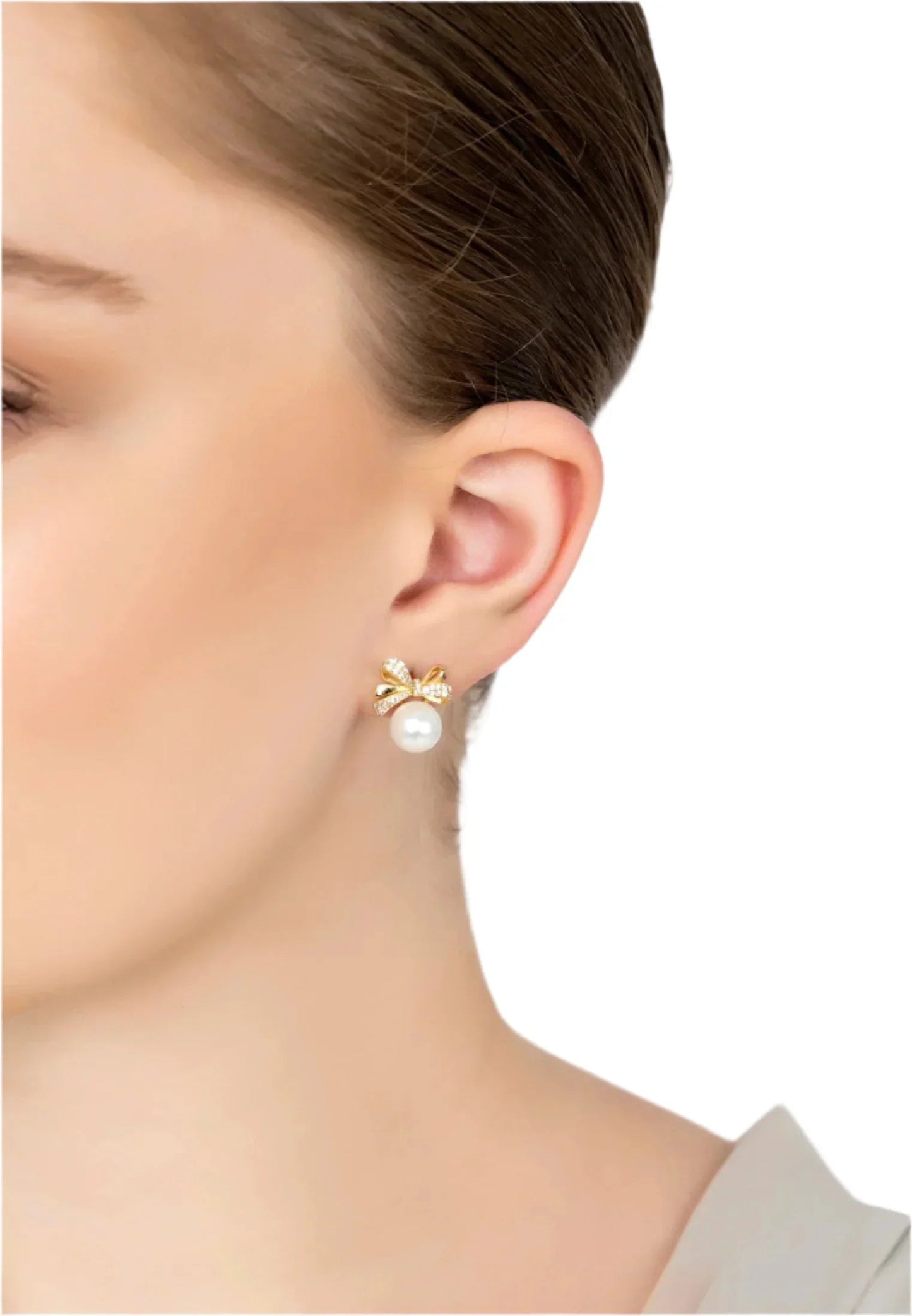 Ribbon Bow Pearl Stud Earrings Gold