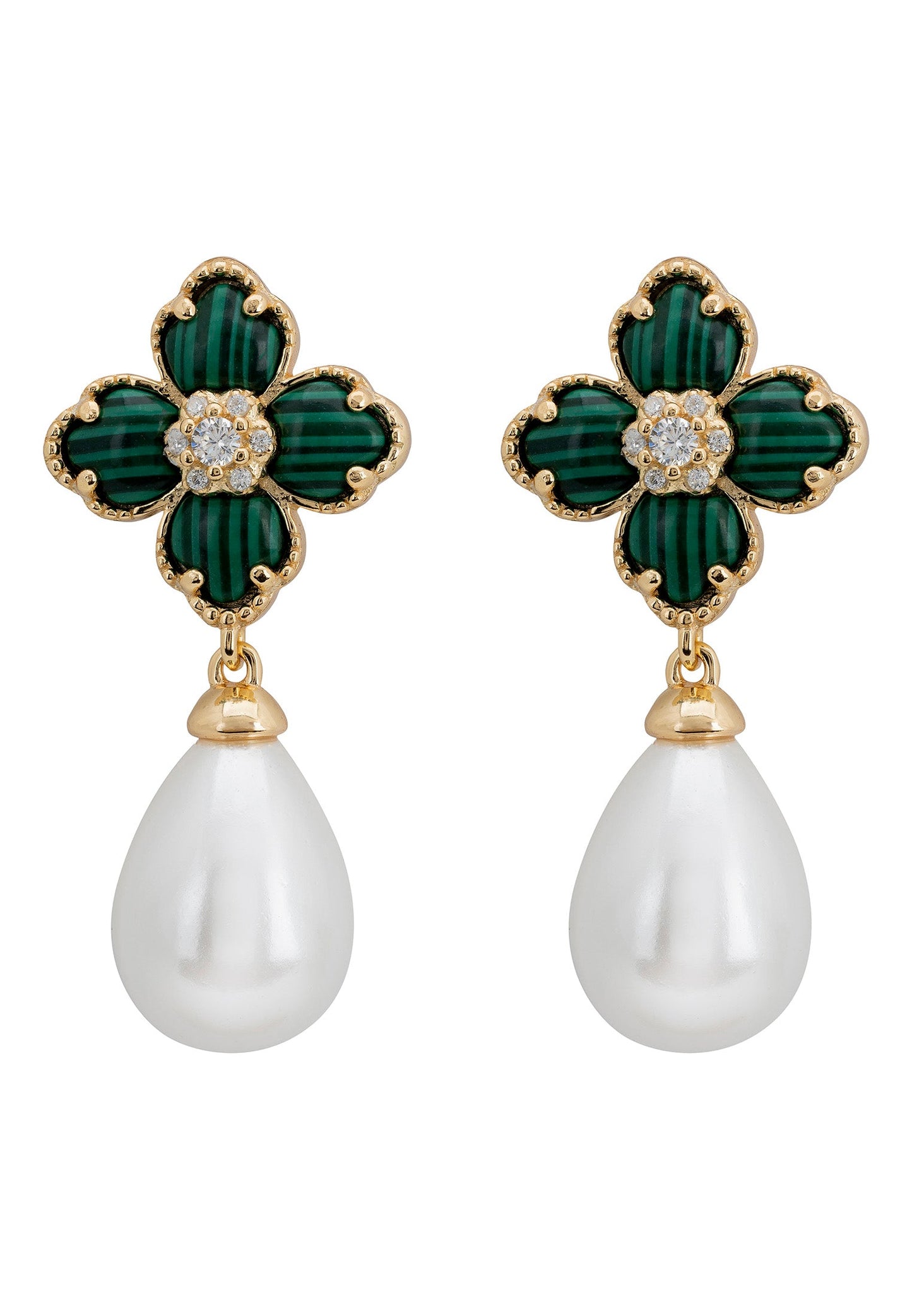 Flower Clover Pearl Drop Earrings Malachite Gold
