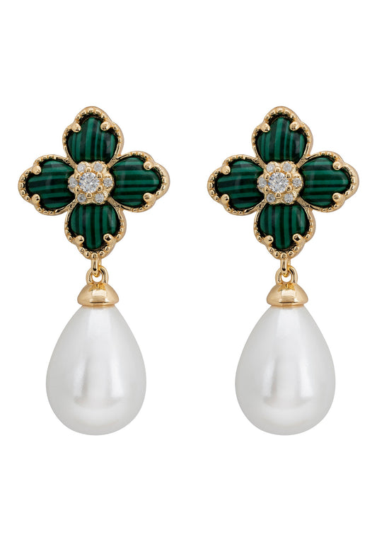 Flower Clover Pearl Drop Earrings Malachite Gold
