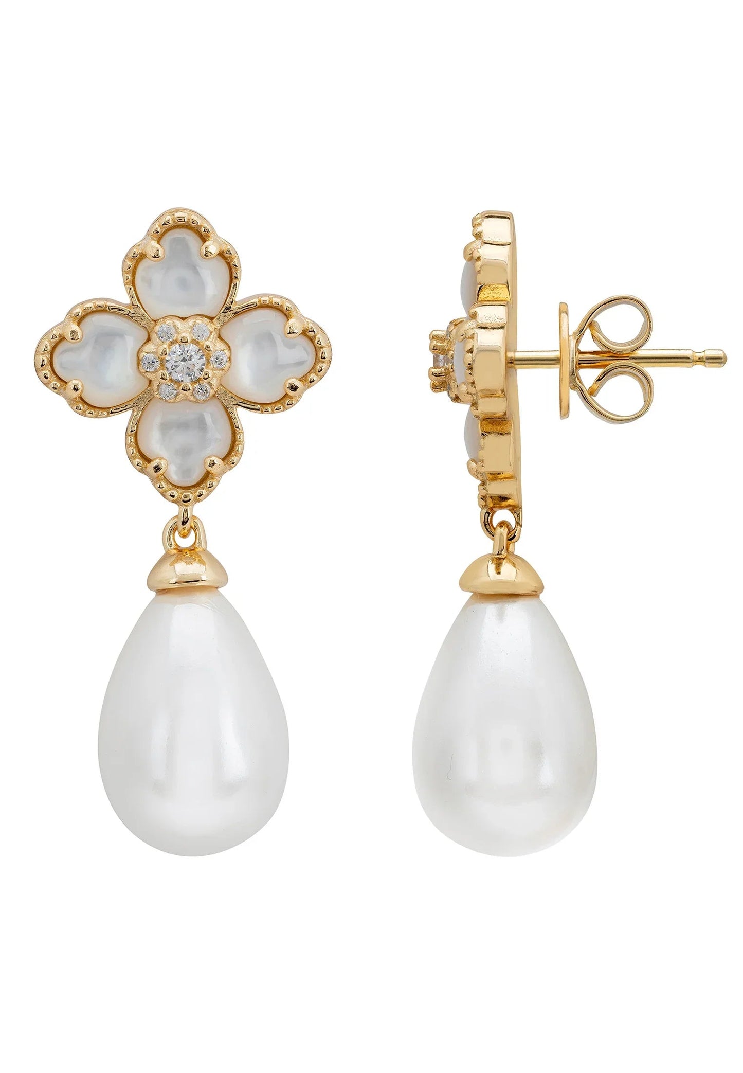Flower Clover Pearl Drop Earrings Mother of Pearl Gold