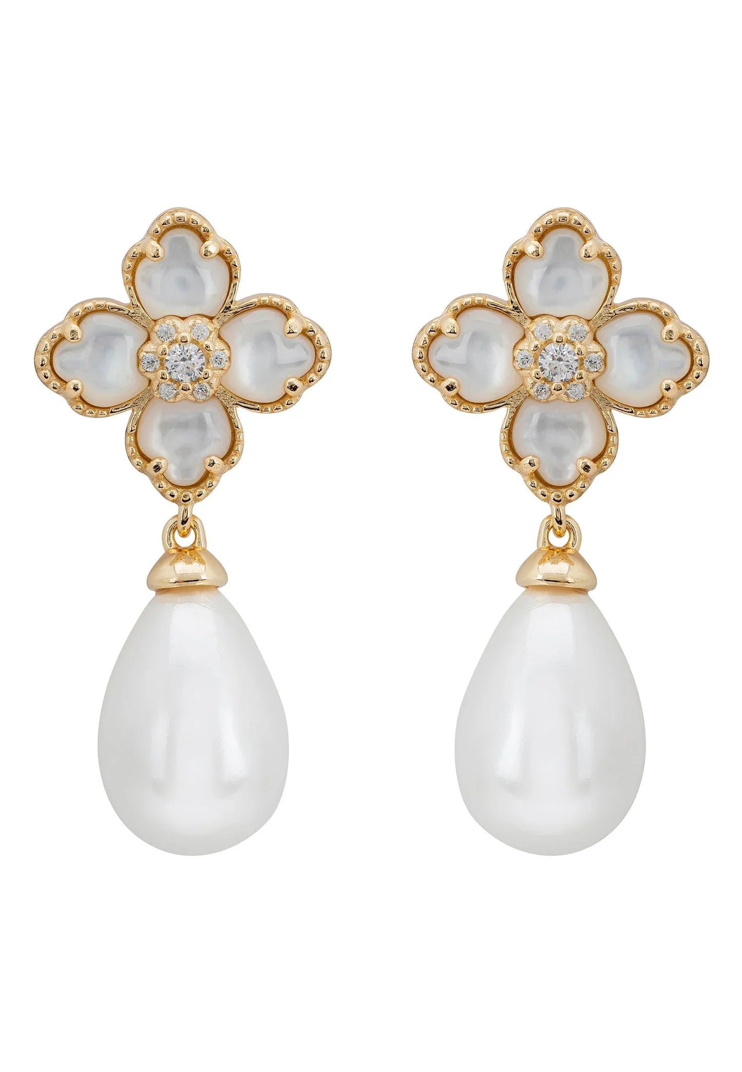 Flower Clover Pearl Drop Earrings Mother of Pearl Gold